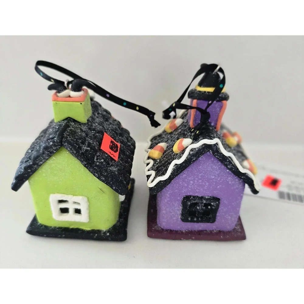 New Set of 2 Halloween Light Up Clay Dough House Ornaments‎  Witch Haunted House